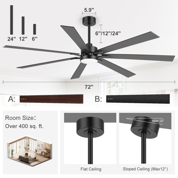 72" Modern LED Ceiling Fan With Remote, 7 Reversible Black/Dark Walnut Blades, Quiet DC Motor, 3-Color Light3000K/4000K/600K, 6-Speed Reversible Airflow, Includes 6"/12"/24" Downrods For Large Rooms