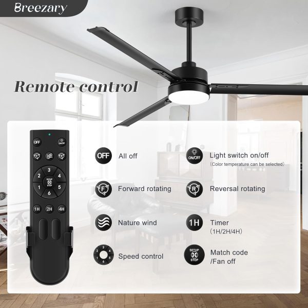 72-inch Black Ceiling Fans with Lights Remote Control,  Industrial Large Ceiling Fan, 3 Reversible Blades, 6-Speed, Quiet DC Motor, LED Ceiling Light Chandelier for Indoor/Outdoor Patio Living Room