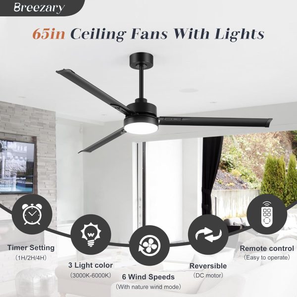 72-inch Black Ceiling Fans with Lights Remote Control,  Industrial Large Ceiling Fan, 3 Reversible Blades, 6-Speed, Quiet DC Motor, LED Ceiling Light Chandelier for Indoor/Outdoor Patio Living Room