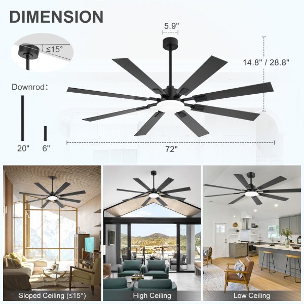 72-In 8-Blade Integrated Ceiling Fan With LED Light And Remote,6" And 20" Downrod Included