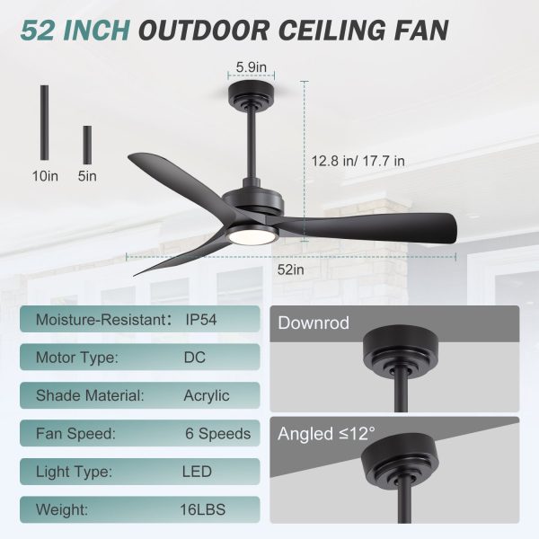 52-In 3-Blade Waterproof Outdoor Ceiling Fan With LED Light Remote,5" And 10" Downrod Included