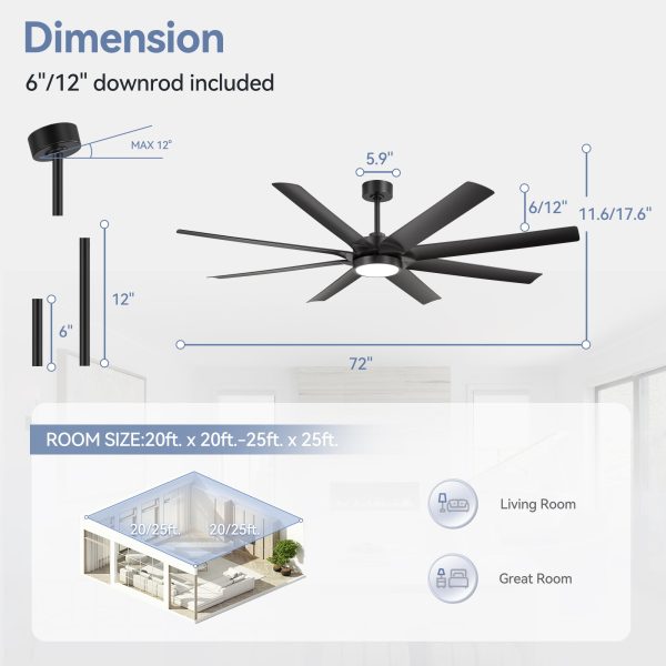 72-In 8-Blade Integrated LED Ceiling Fan With Light And Remot,6 And 12 Downrods Included