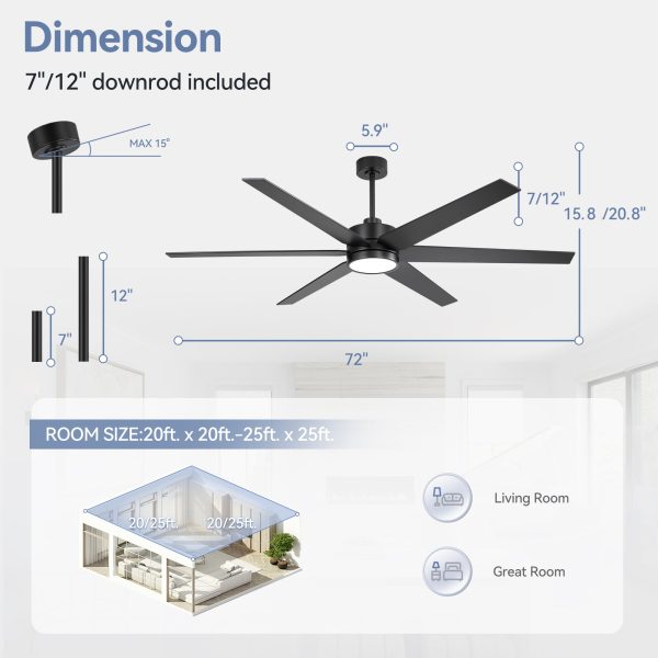 72-in 6-Blade  Integrated LED Ceiling Fan with Light Remote,7" and 12" Downrod Included
